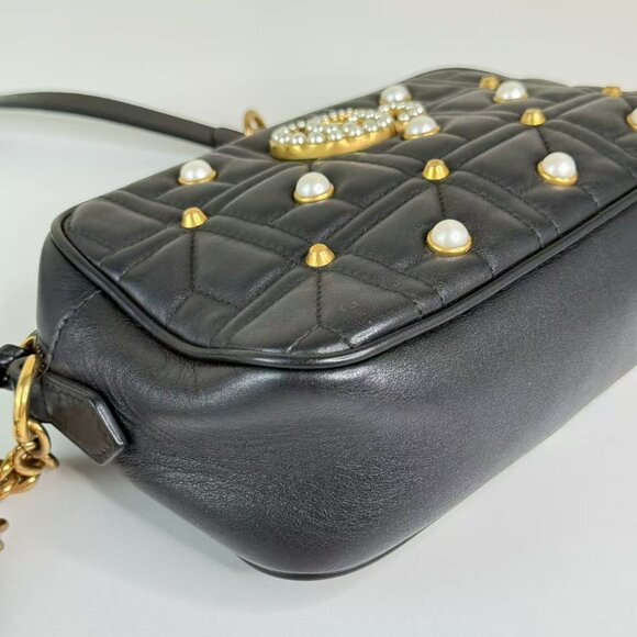 Gucci Black Leather Marmont Shoulder Bag Crossbody with Pearl Embellished - Picture 7 of 9